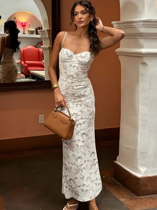 Vintage White Lace Prom Dress Sheath Spaghetti Strap Evening Dress Long Formal Dress TP4713