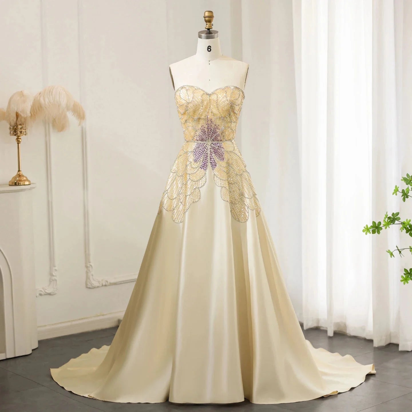 Elegant Ivory Beaded Prom Dress A-Line Evening Gown Satin Party Dress Long Formal Dress TP4774
