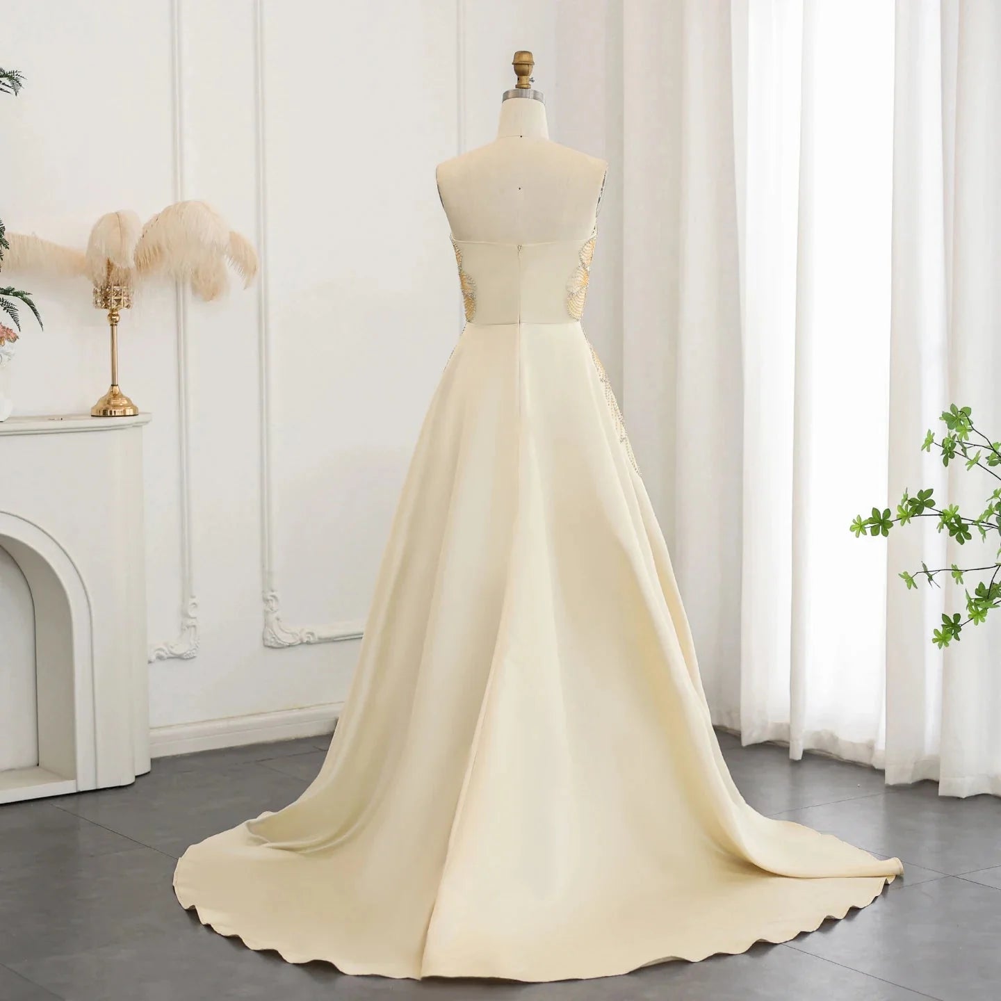 Elegant Ivory Beaded Prom Dress A-Line Evening Gown Satin Party Dress Long Formal Dress TP4774