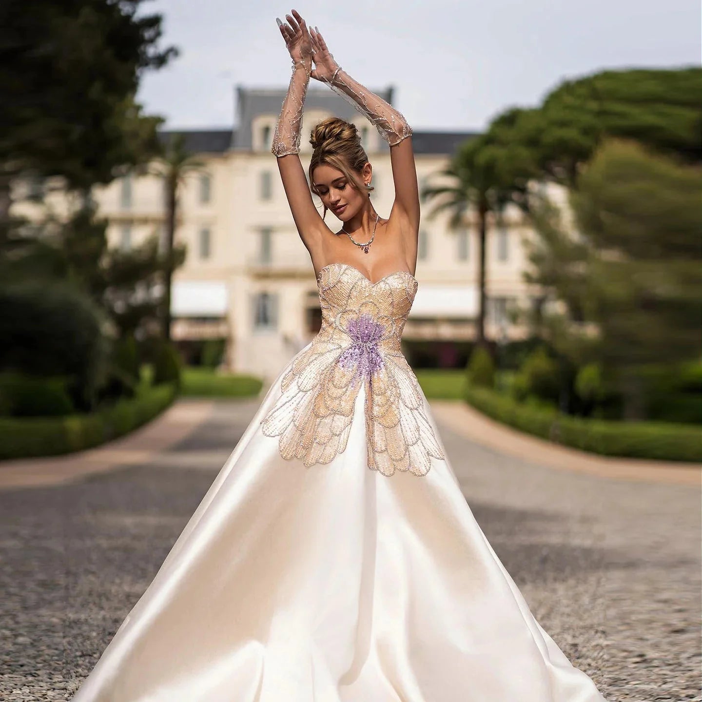 Elegant Ivory Beaded Prom Dress A-Line Evening Gown Satin Party Dress Long Formal Dress TP4774
