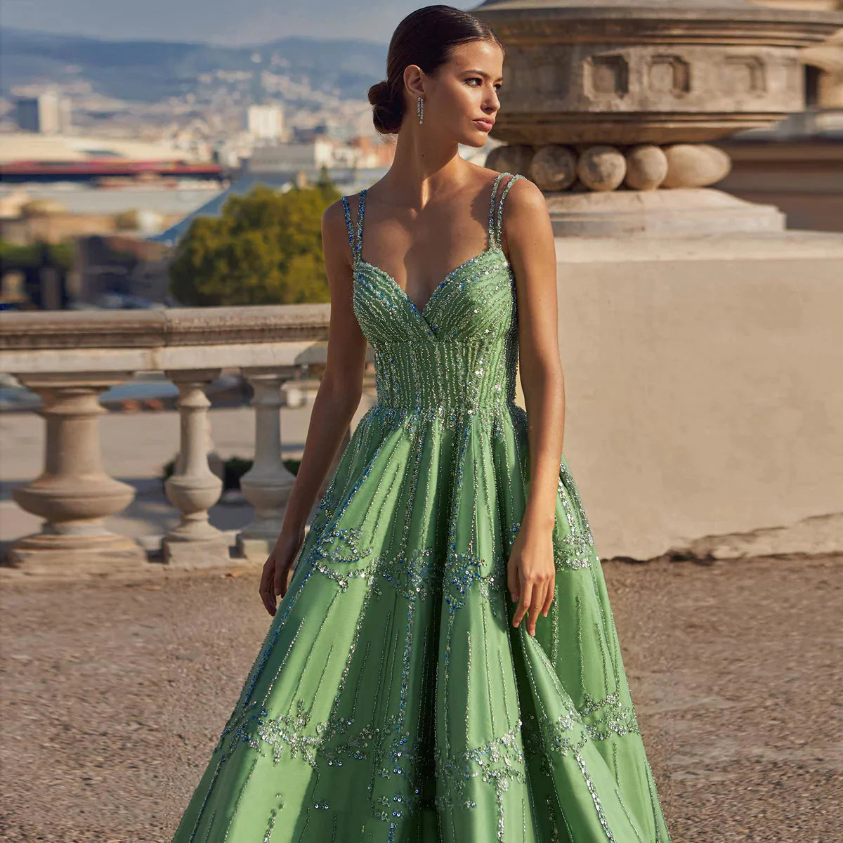 Gorgeous Green Shiny Beaded Spaghetti Strap A-Line Long Prom Dress Evening Dress TP4559