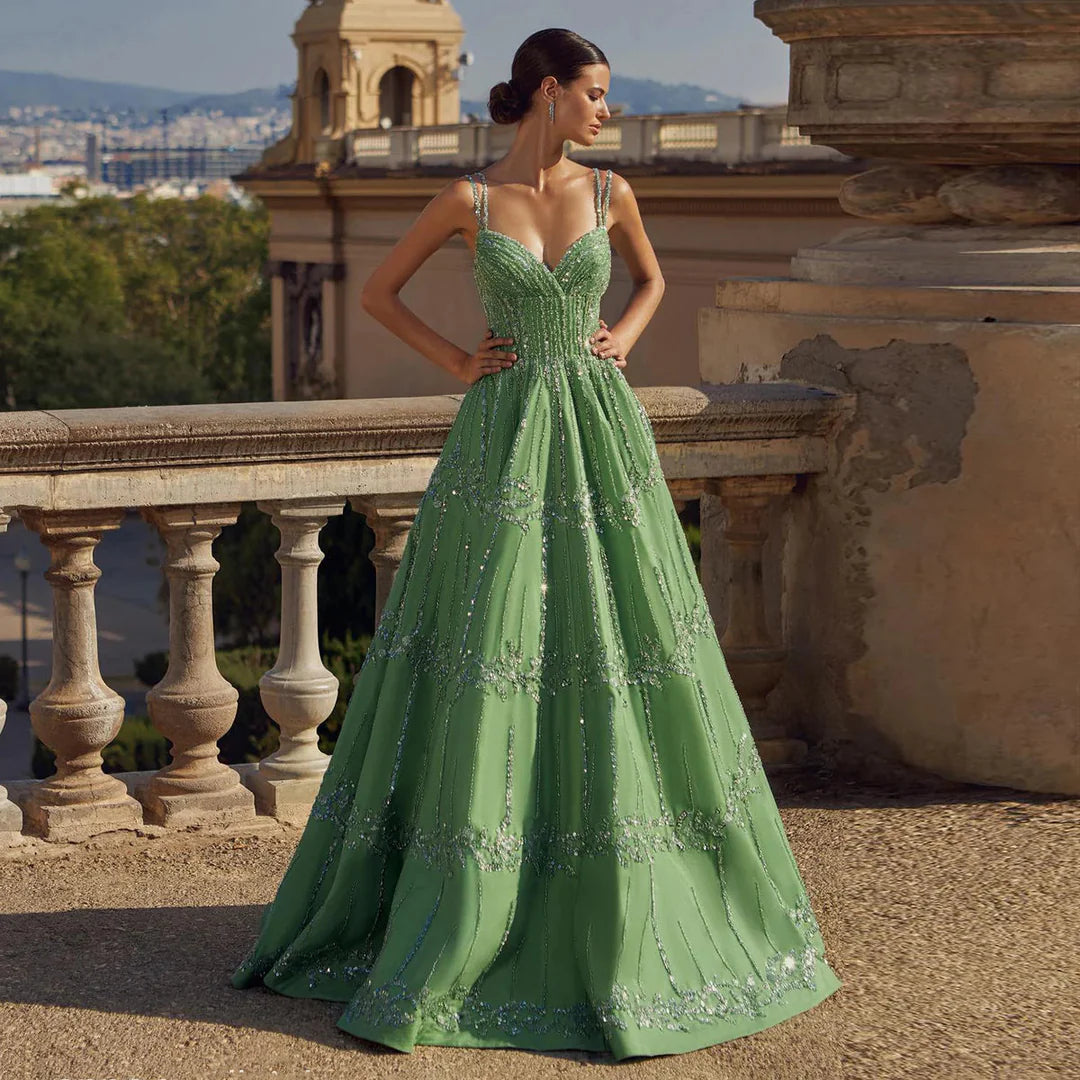 Gorgeous Green Shiny Beaded Spaghetti Strap A-Line Long Prom Dress Evening Dress TP4559
