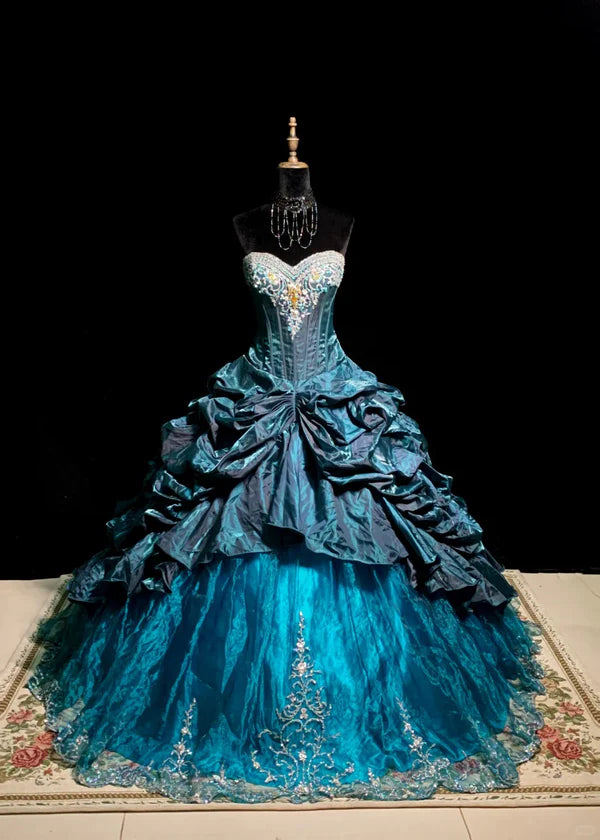 Gorgeous Sweetheart Beaded Pleated Tiered A-Line Ball Gown Sweet 16 Quinceanera Evening Dress TP4381