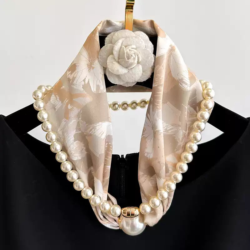 Simple Vintage Butterfly Pattern Design Magnetic Buckle Pearl Soft Silk Scarf TP3134