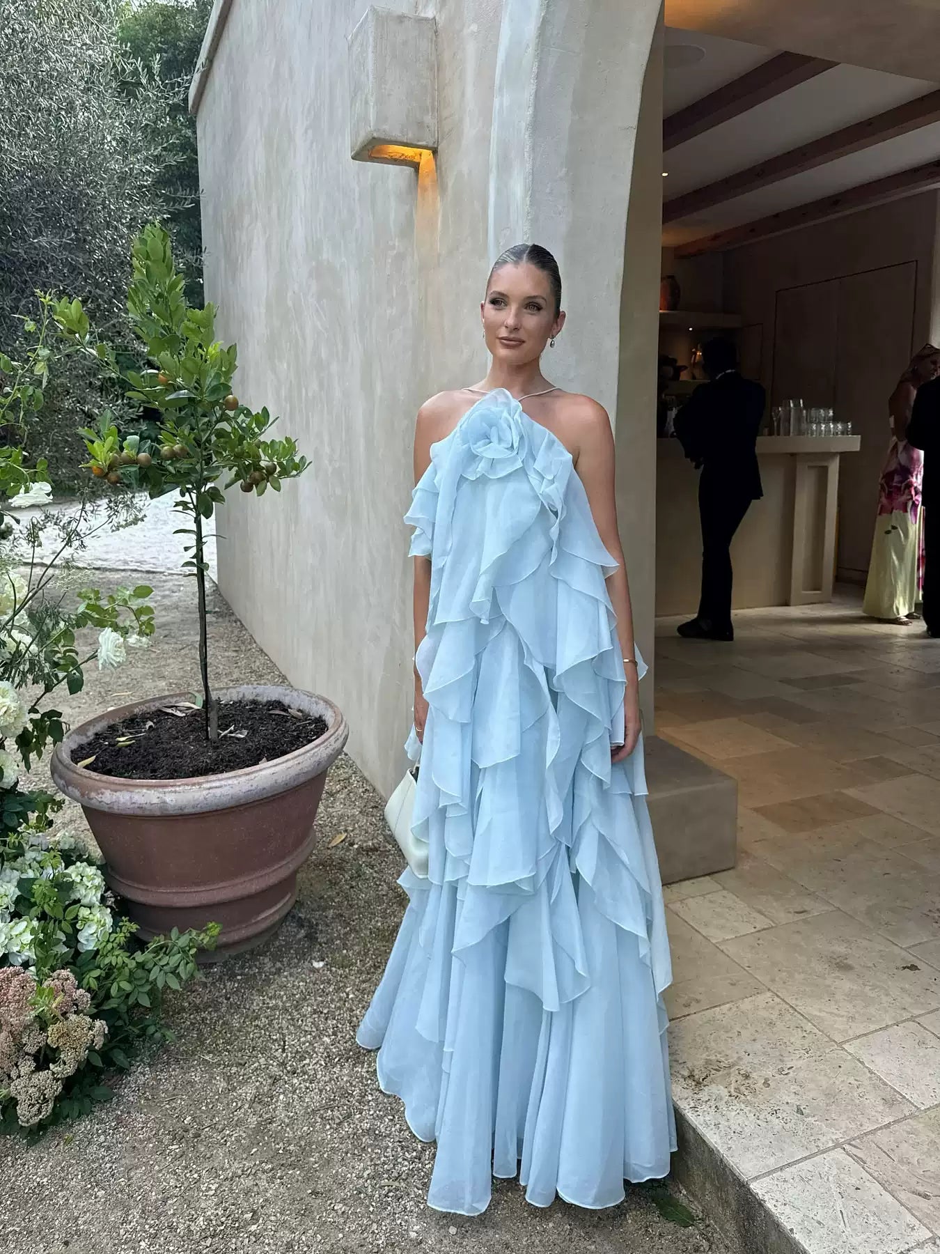 Chic Sky Blue Ruffled Tiered Evening Gown Sheath Chiffon Party Dress Long Formal Dress TP4931