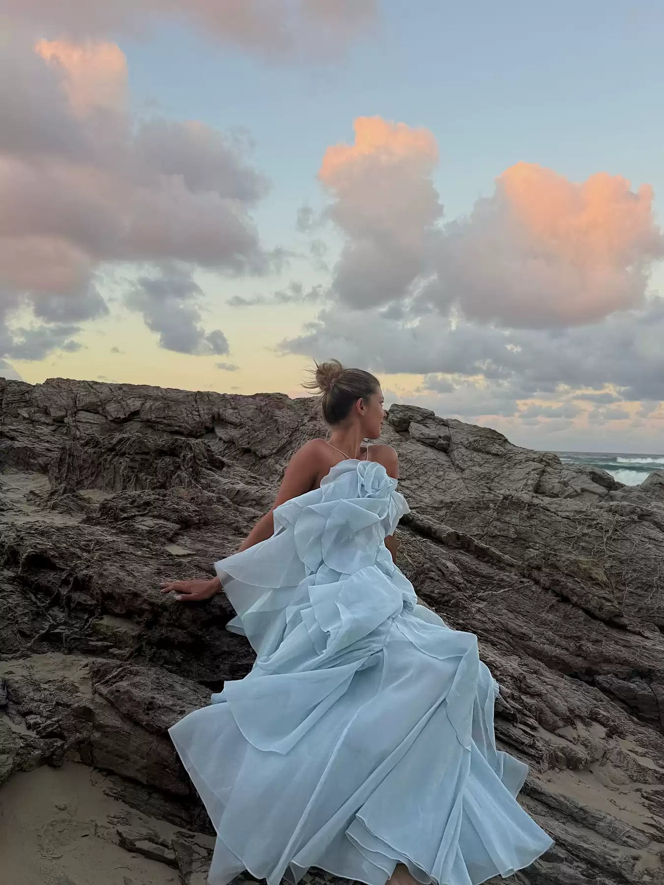 Chic Sky Blue Ruffled Tiered Evening Gown Sheath Chiffon Party Dress Long Formal Dress TP4931