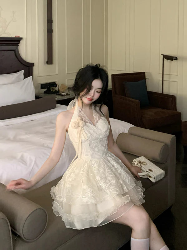 Vintage Ivory Lace A-Line Homecoming Dress Sequin Party Dress Short Halter-neck Cocktail Dress TP4630