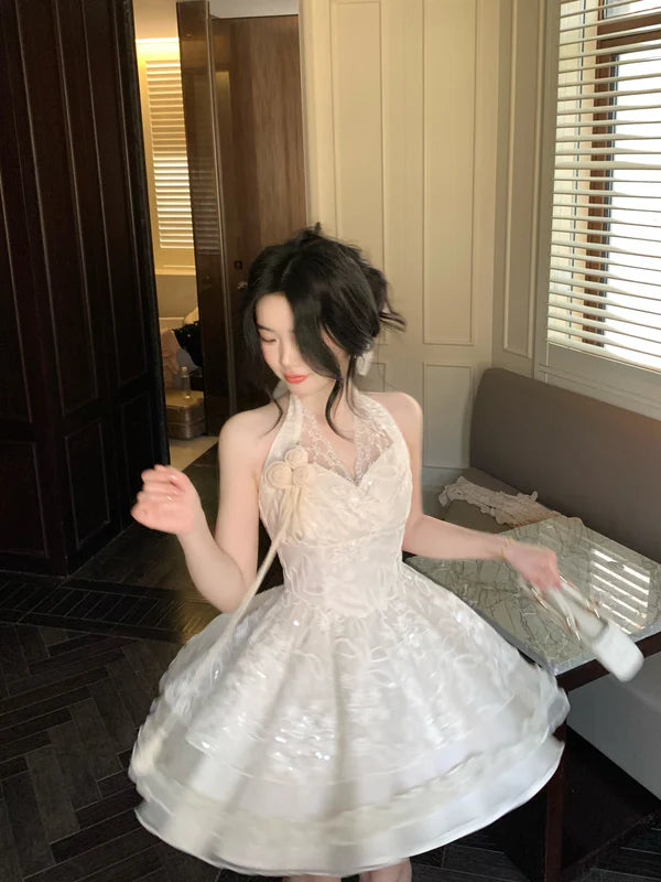 Vintage Ivory Lace A-Line Homecoming Dress Sequin Party Dress Short Halter-neck Cocktail Dress TP4630