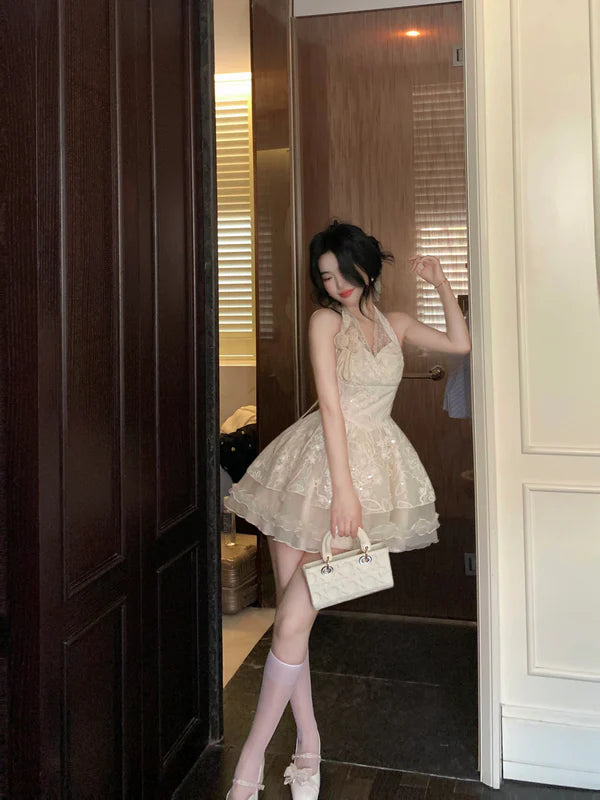 Vintage Ivory Lace A-Line Homecoming Dress Sequin Party Dress Short Halter-neck Cocktail Dress TP4630