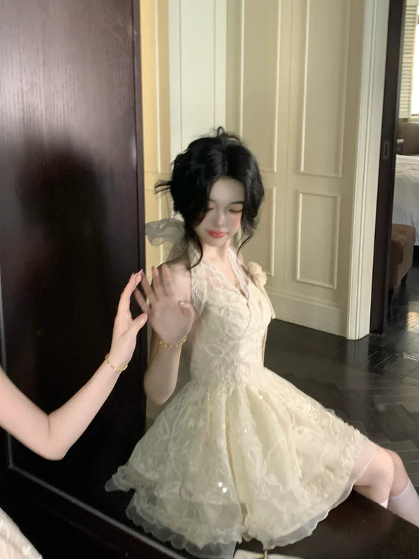 Vintage Ivory Lace A-Line Homecoming Dress Sequin Party Dress Short Halter-neck Cocktail Dress TP4630