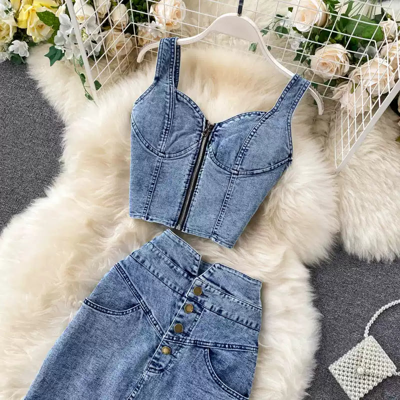 New Fashion Sexy Two-piece Short Halter Tank Top High Waisted Two-piece Denim Skirt TP2827
