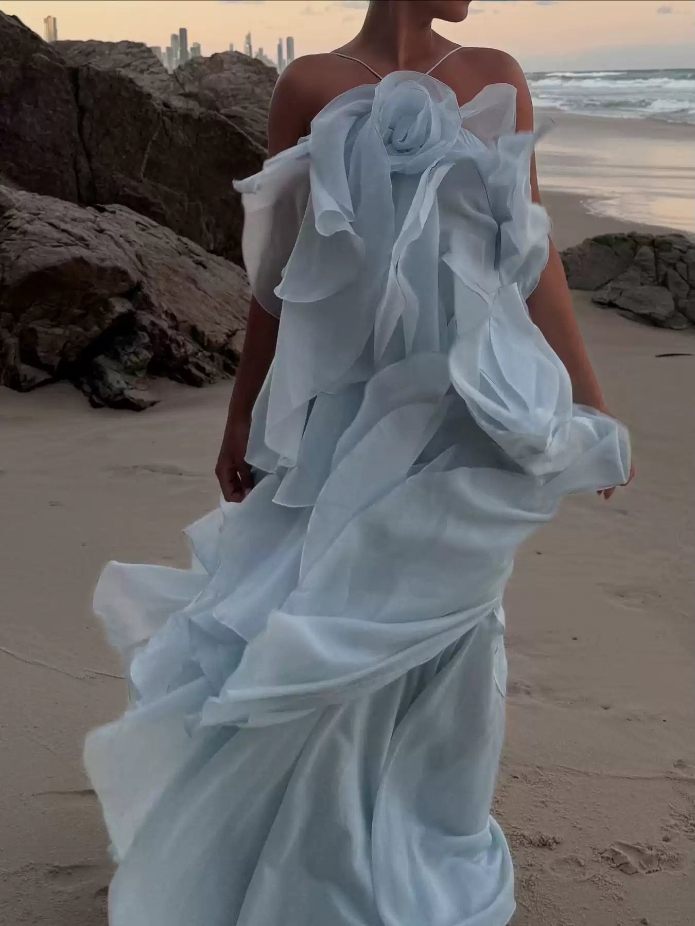 Chic Sky Blue Ruffled Tiered Evening Gown Sheath Chiffon Party Dress Long Formal Dress TP4931