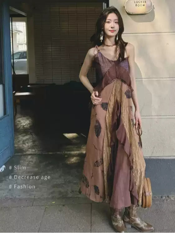 Vintage Irregular Ruffled Hem Fashion Splicing Design A-line Long Spaghetti Strap Dress TP3328