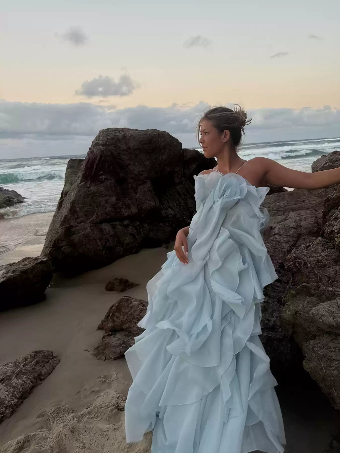 Chic Sky Blue Ruffled Tiered Evening Gown Sheath Chiffon Party Dress Long Formal Dress TP4931
