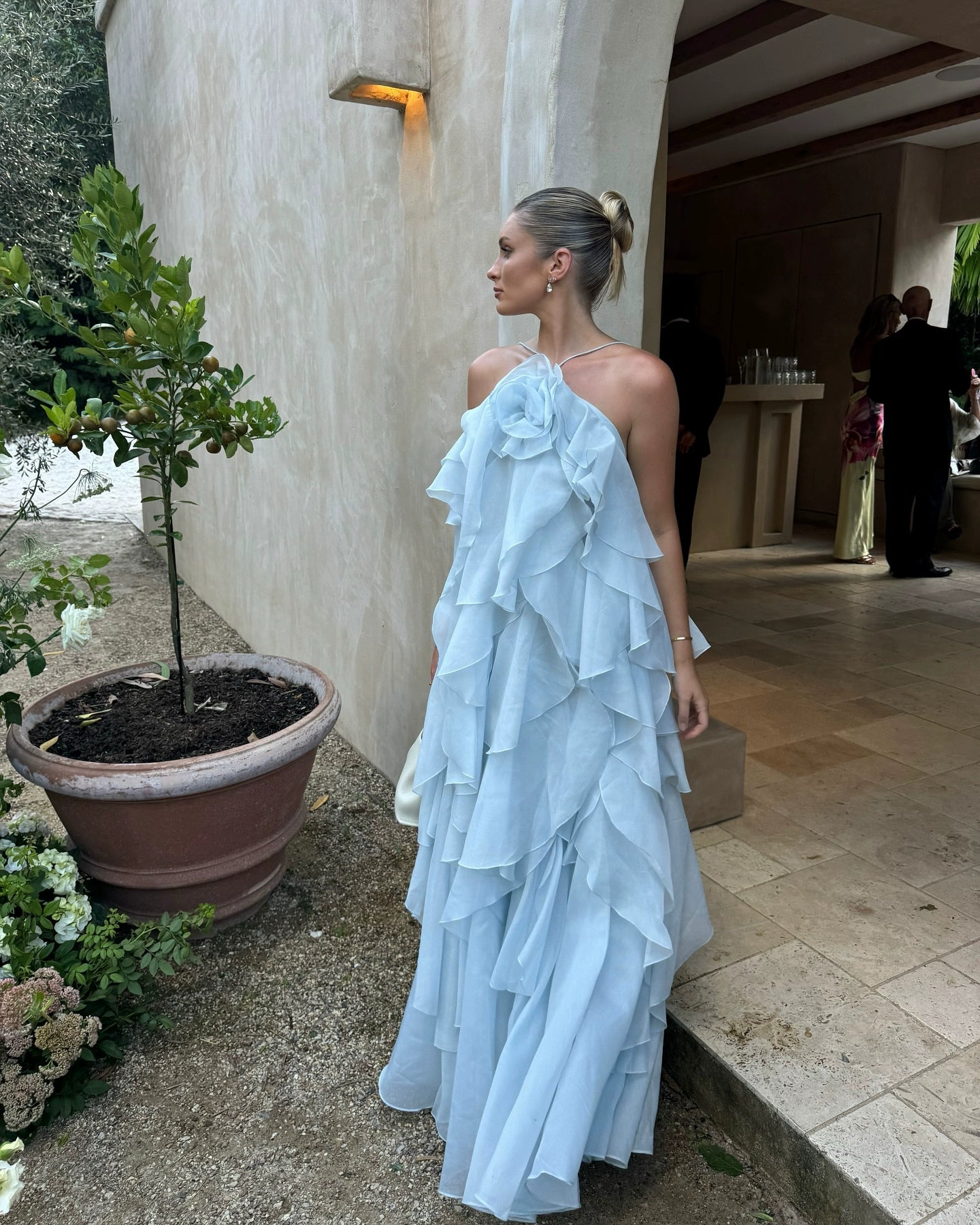 Chic Sky Blue Ruffled Tiered Evening Gown Sheath Chiffon Party Dress Long Formal Dress TP4931