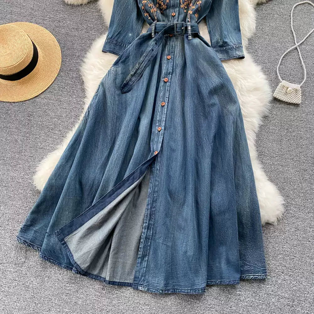 Vintage Embroidery Design Sense high-end Elegant Long Single-breasted Denim Dress TP2826