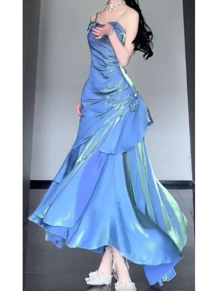 Vintage Blue Spaghetti Strap Ruffle Design Elegant A-line Satin Evening Dress Prom Dress TP4115
