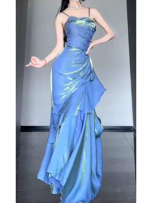 Vintage Blue Spaghetti Strap Ruffle Design Elegant A-line Satin Evening Dress Prom Dress TP4115
