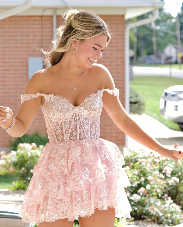 Fashion Light Pink Lace Design Off-the-shoulder Tiered Homecoming Dress TP3550
