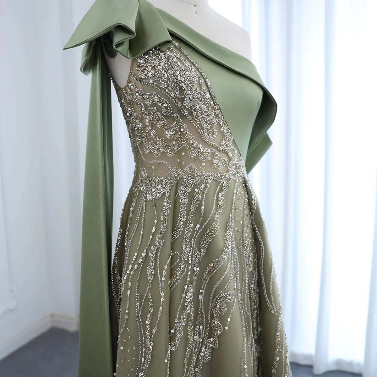 Gorgeous Sparkling Beaded Green One-shoulder A-Line High Slit Long Prom Dress Evening Dress TP4556