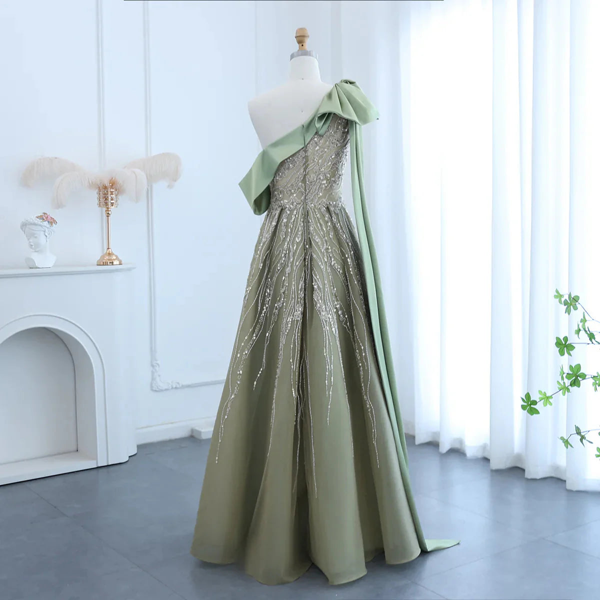 Gorgeous Sparkling Beaded Green One-shoulder A-Line High Slit Long Prom Dress Evening Dress TP4556