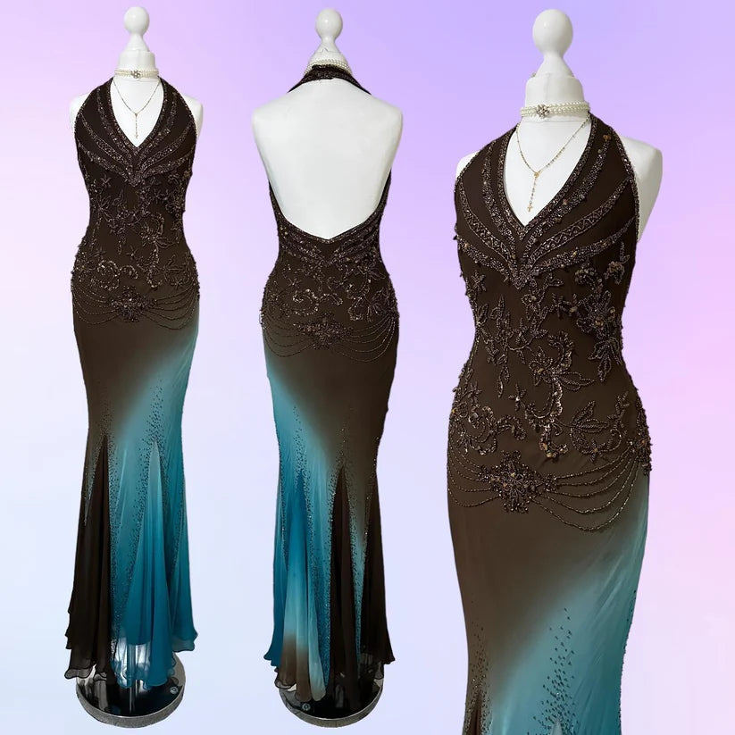 Retro Gradient Gorgeous Exquisite Beaded Halter Dress Long Chiffon Evening Gown Prom Dress TP4076