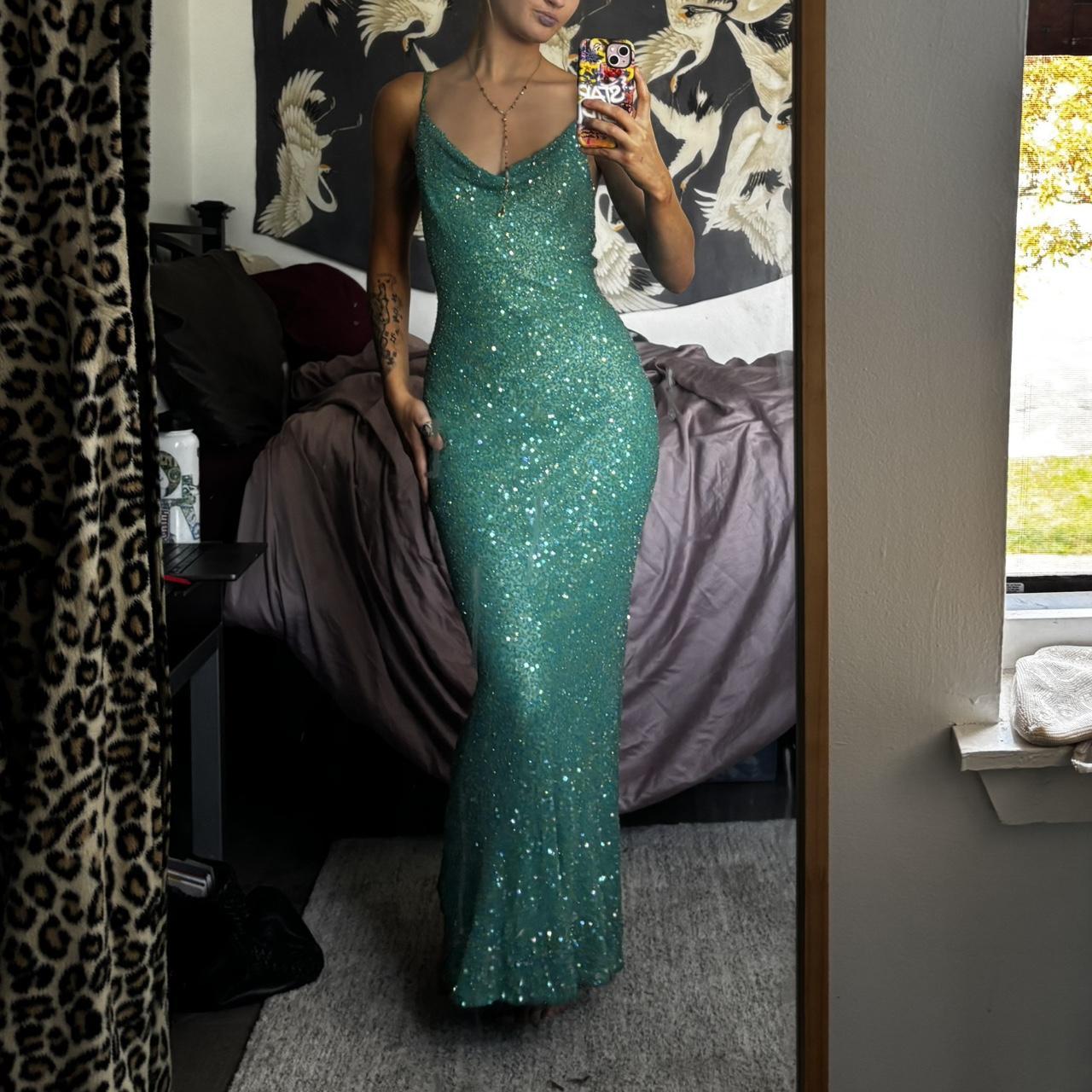 Vintage Turquoise Sheath Evening Gown Glittering Sequin Party Dress Long Formal Dress TP4965