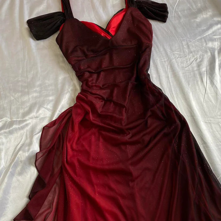 Vintage Shiny Burgundy Sheath Chiffon Shoulder Strap Design Long Prom Dress Evening Dress TP4296