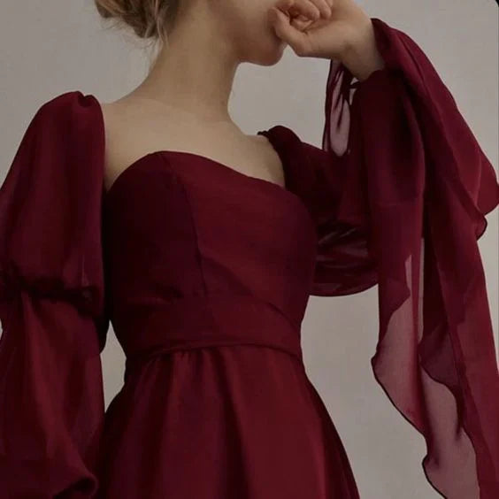Retro Burgundy Long-sleeve A-Line Long Prom Dress Party Dress Evening Dress TP4496