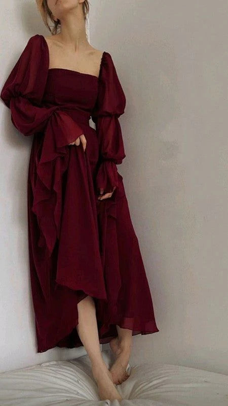 Retro Burgundy Long-sleeve A-Line Long Prom Dress Party Dress Evening Dress TP4496