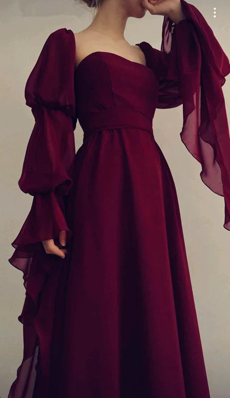 Retro Burgundy Long-sleeve A-Line Long Prom Dress Party Dress Evening Dress TP4496