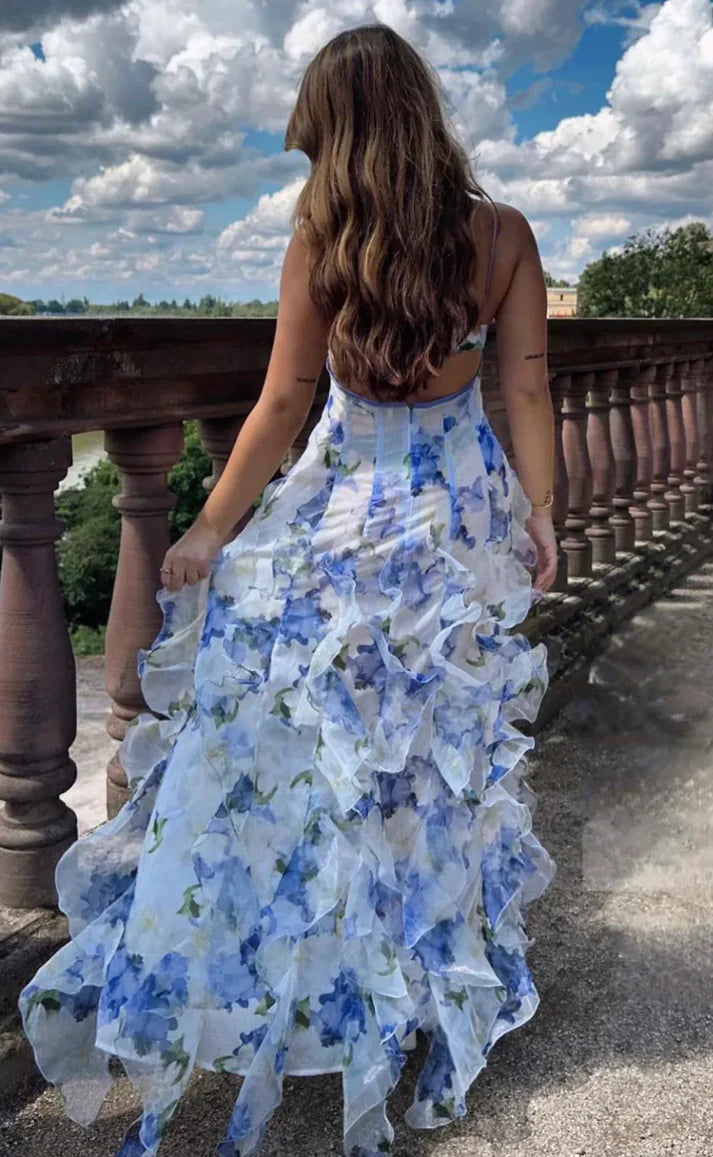 Vintage Floral Spaghetti Strap Ruffle Mermaid Chiffon Prom Dress Party Dress Evening Dress TP4498