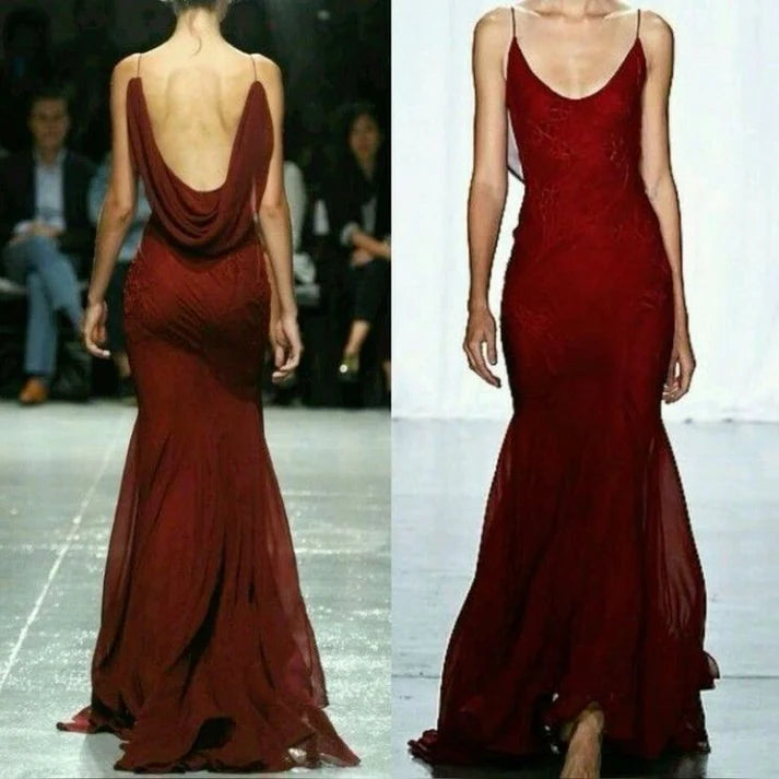Vintage Burgundy Mermiad Applique Spaghetti Strap Long Prom Dress Evening Dress TP4293