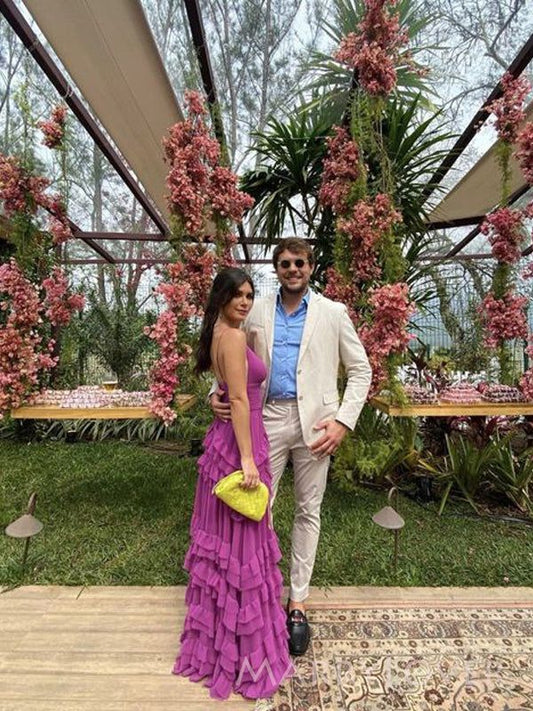 Vintage Fuchsia V-neck Spaghetti Strap A-Line Chiffon Prom Dress Party Dress Evening Dress TP4497