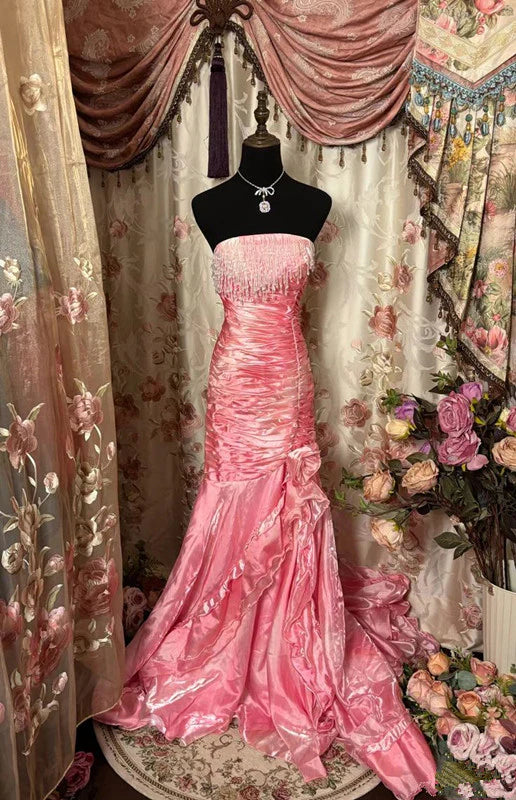 Vintage Pink Satin Tassel Design Strapless Mermaid Long Prom Dress Evening Dress TP4568