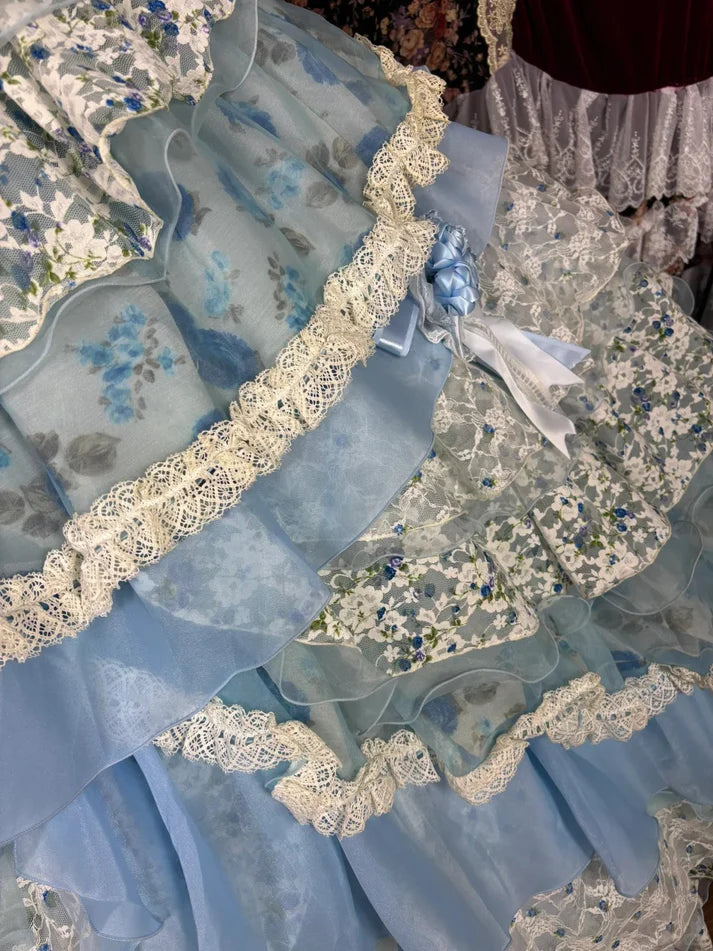 Vintage-inspired Pastel Blue Floral Lace Layered Lolita Ruffled A-Line Ball Gown TP5106