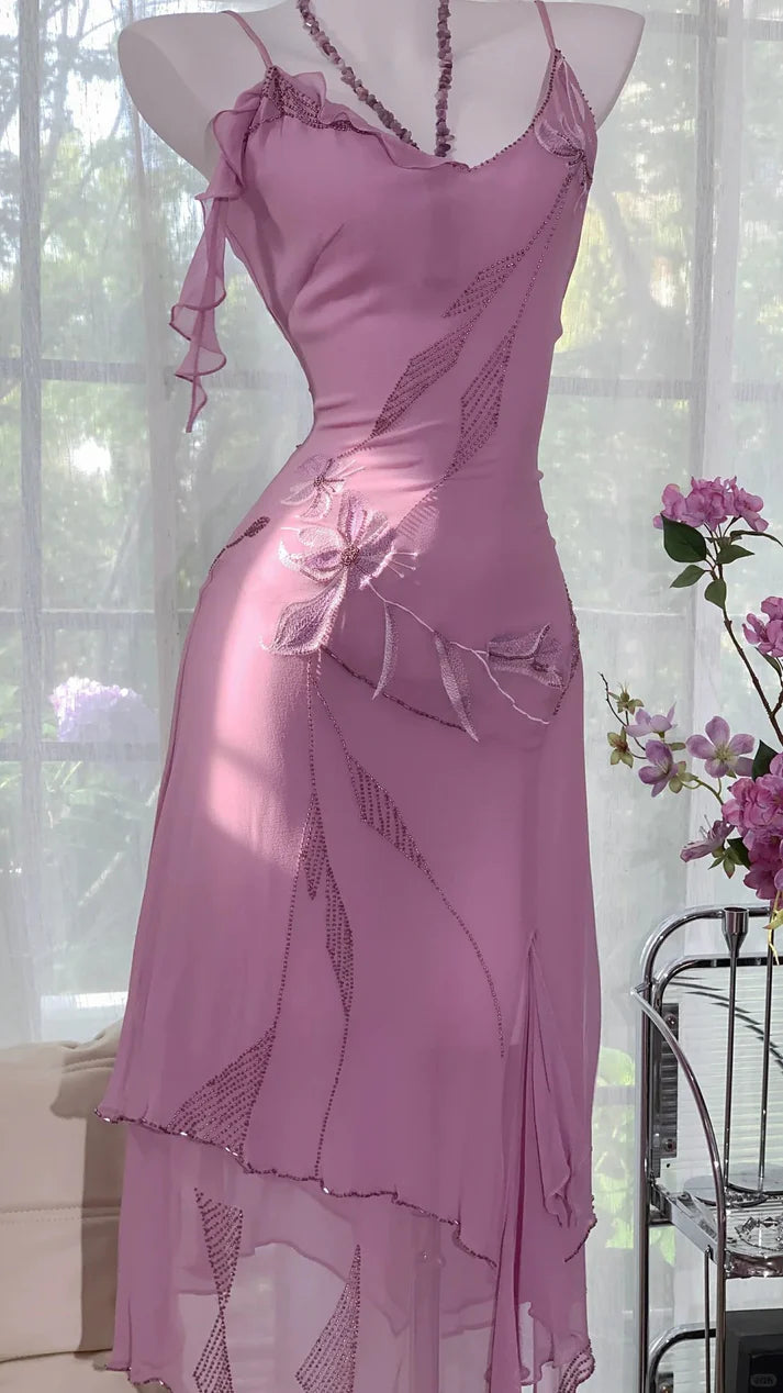 Gorgeous Rose Pink Applique Spaghetti Strap Chiffon Prom Dress Evening Dress TP4303