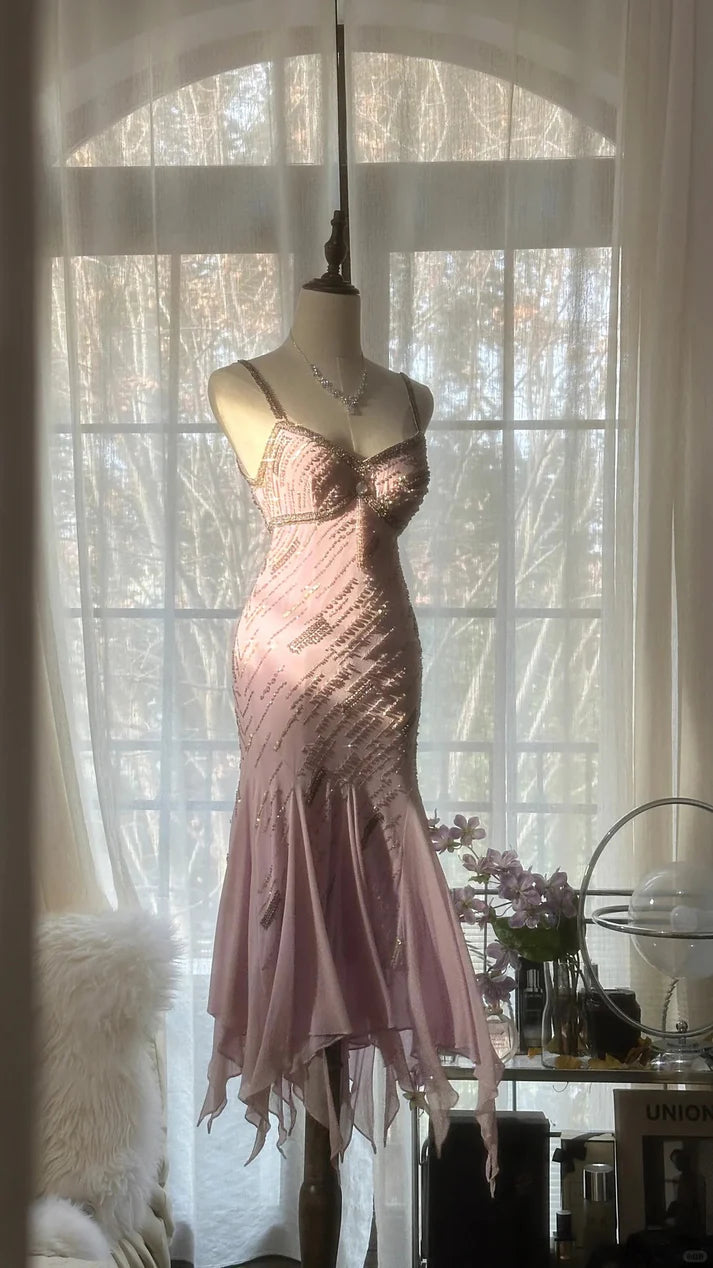 Gorgeous Pink Sweetheart Glittering Beaded Spaghetti Strap Chiffon Mermaid Prom Dress Evening Dress TP4304