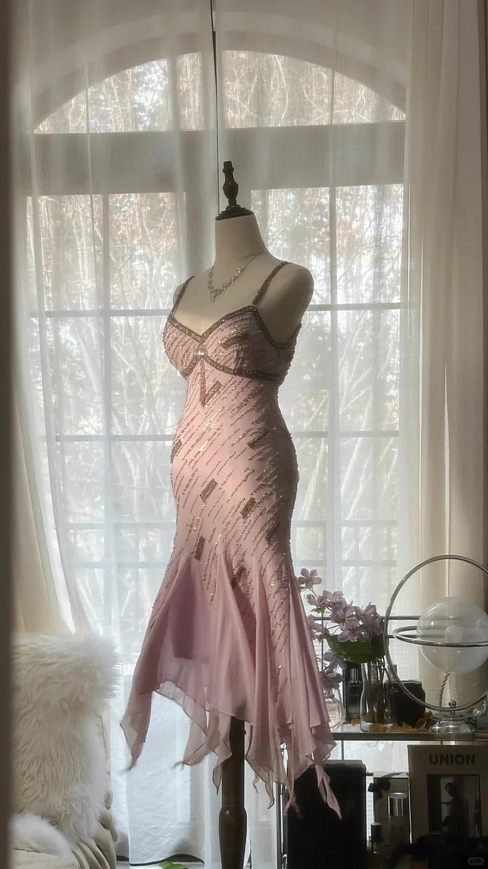 Gorgeous Pink Sweetheart Glittering Beaded Spaghetti Strap Chiffon Mermaid Prom Dress Evening Dress TP4304