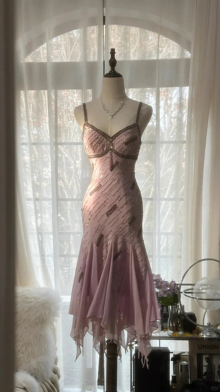 Gorgeous Pink Sweetheart Glittering Beaded Spaghetti Strap Chiffon Mermaid Prom Dress Evening Dress TP4304