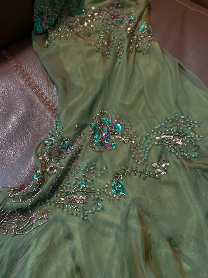 Gorgeous Green V-neck Glittering Beaded Spaghetti Strap Ruffles Chiffon A-Line Prom Dress Evening Dress TP4306