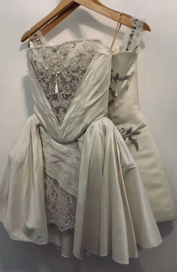 Vintage Ivory Applique Strapless A-Line Short Party Dress Cocktail Dress Homecoming Dress TP4465