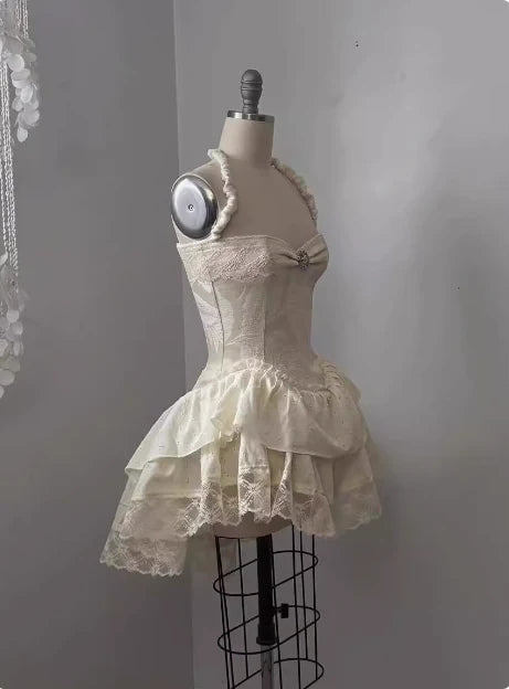 Vintage Beige Sweetheart Applique A-Line Elegant Tiered Homecoming Dress Party Dress Prom Dresses TP4139
