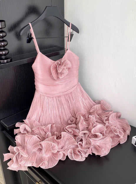 Cute Pink Spaghetti Strap Ruffle Design A-Line Homecoming Dress Party Dress Prom Dresses TP4138