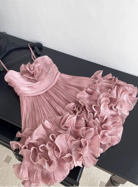 Cute Pink Spaghetti Strap Ruffle Design A-Line Homecoming Dress Party Dress Prom Dresses TP4138
