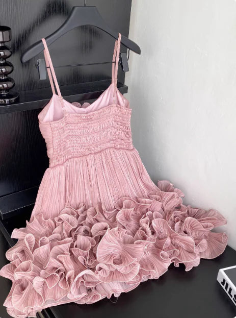Cute Pink Spaghetti Strap Ruffle Design A-Line Homecoming Dress Party Dress Prom Dresses TP4138