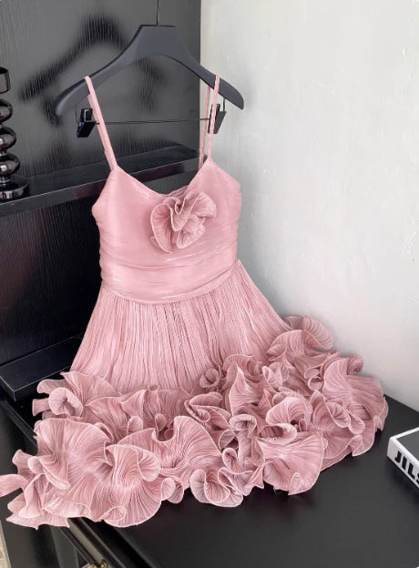 Cute Pink Spaghetti Strap Ruffle Design A-Line Homecoming Dress Party Dress Prom Dresses TP4138
