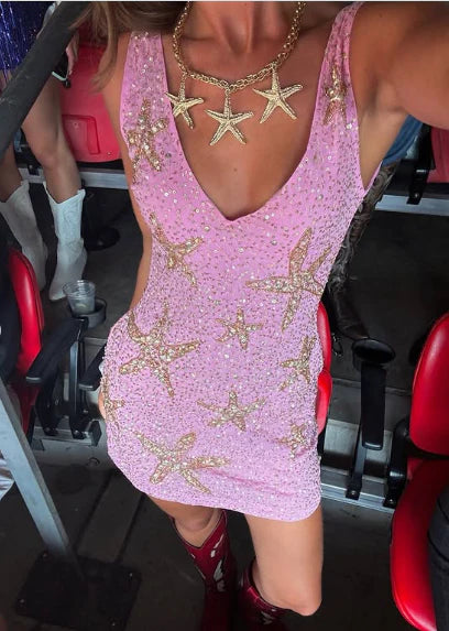 Retro Pink Sparkling Sequin V-neck Bodycon Homecoming Dress Party Dress TP4135