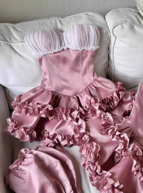 Vintage Pink Sweetheart Ruffle A-Line Tiered Short Party Dress Cocktail Dress Homecoming Dress TP4480