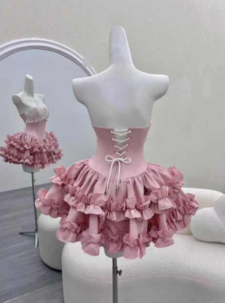 Vintage Pink Sweetheart Ruffle A-Line Tiered Short Party Dress Cocktail Dress Homecoming Dress TP4480